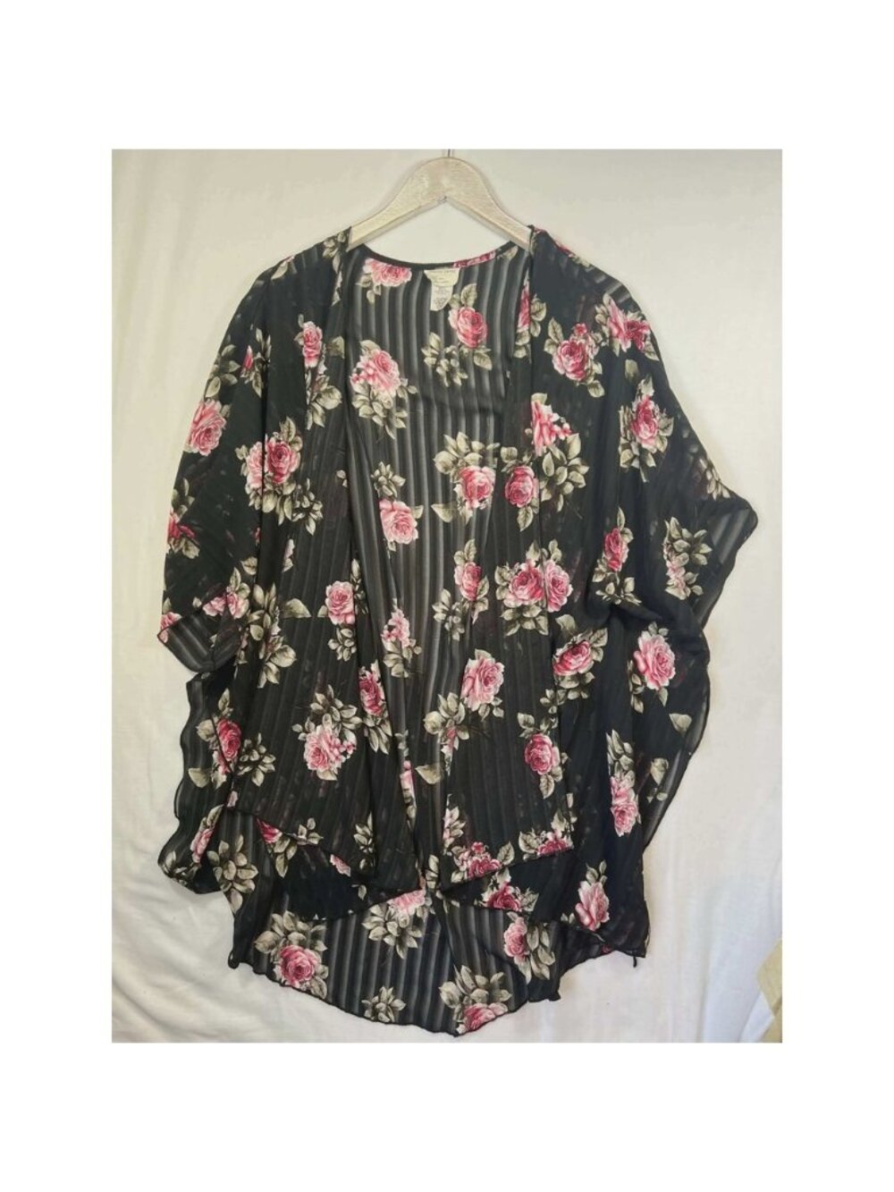 Emory Park Floral Kimono Cardigan Large Black Pink Rose Sheer Chiffon whimsigoth
